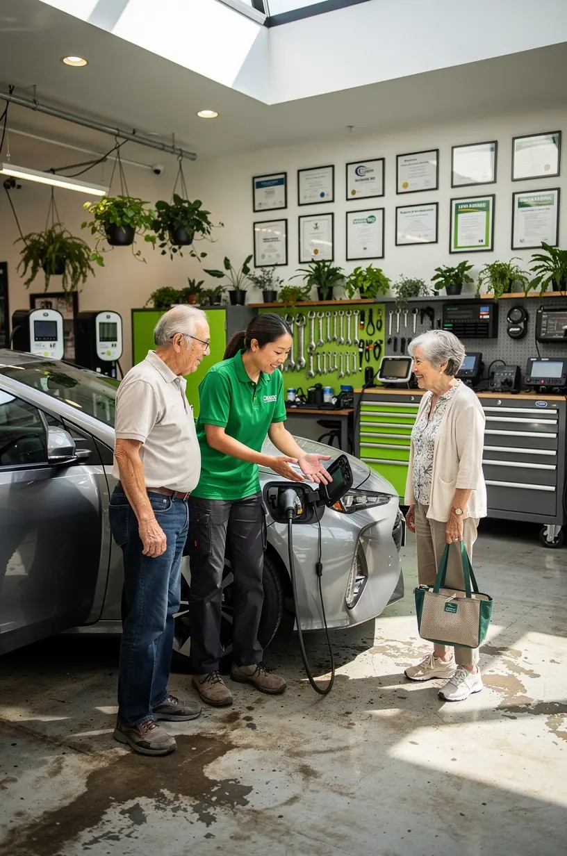 Car being serviced with diagnostic tools in a clean, well-organized auto repair facility.